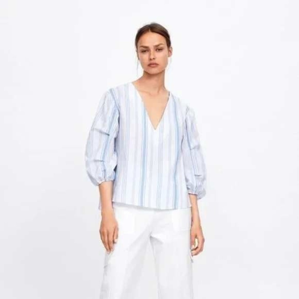 Zara Womens Blue White Striped V-Neck Puff Sleeve Cotton Blouse Small